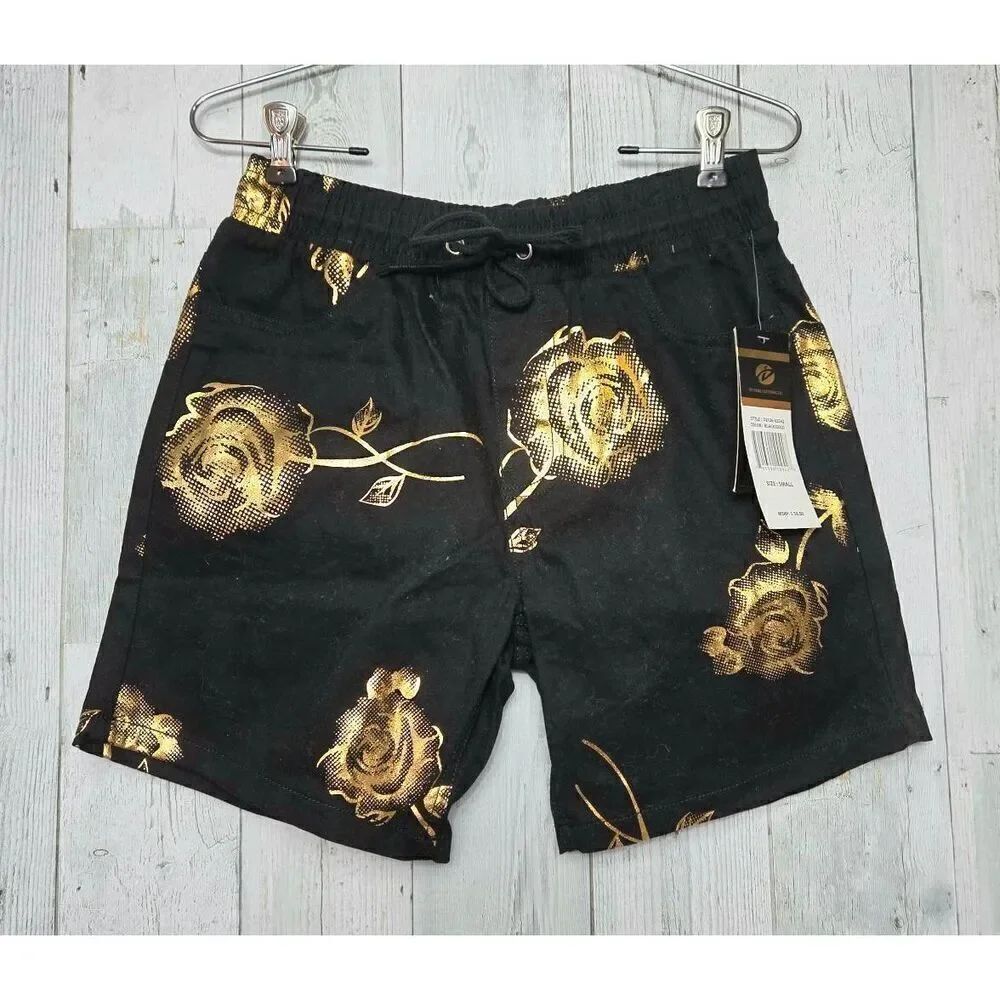 Drill Metallic Gold on Black Rose Flower Floral Statement Drawstring Shorts Sz.